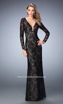 Picture of: 3/4 Sleeve Crystal Encrusted Lace Prom Dress in Black, Style: 22306, Main Picture