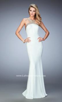 Picture of: Long Open Back Jersey Prom Dress with Gold Stud Detail in White, Style: 22307, Main Picture