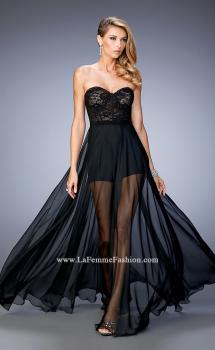 Picture of: Chiffon Prom Gown with Sheer Lace Bodice and Shorts in Black, Style: 22324, Main Picture