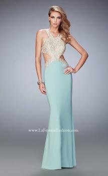 Picture of: Racer Back Jersey Prom Dress with Gold Embroidery in Green, Style: 22325, Main Picture