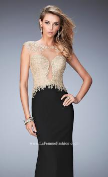 Picture of: Illusion Neckline Prom Dress with Gold Lace Detail in Black, Style: 22349, Main Picture