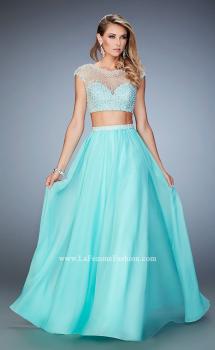 Picture of: Two Piece Illusion Neckline Dress with Pearls and Crystals in Blue, Style: 22387, Main Picture