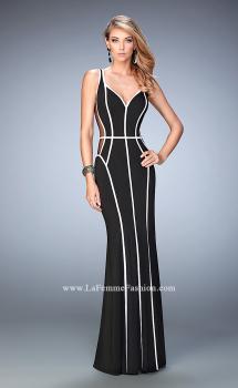 Picture of: Long Jersey Prom Dress with Piping and Sheer Sides in Black, Style: 22419, Main Picture