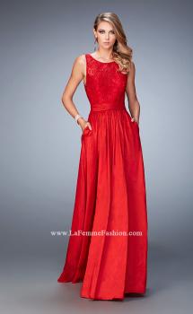 Picture of: Lace Top Taffeta Gown with Open Back and Pockets in Red, Style: 22446, Main Picture