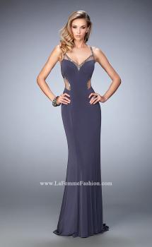 Picture of: Sheer Strap Jersey Prom Dress with Beaded Detail in Silver, Style: 22461, Main Picture