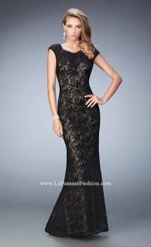 Picture of: Lace Prom gown with Open Back, Train, and Rhinestones in Black, Style: 22479, Main Picture
