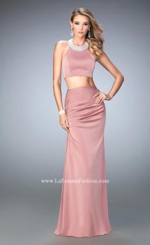 Picture of: Two Piece Jersey Prom Dress with Ruched Skirt and Pearls in Pink, Style: 22498, Main Picture