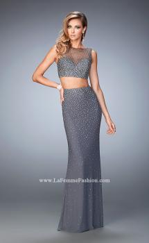 Picture of: Two Piece Net Gown with Mixed Metal Studding in Silver, Style: 22567, Main Picture
