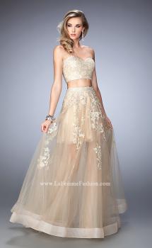 Picture of: Tulle Prom Gown with Gold Beaded and Lace Applique in Nude, Style: 22602, Main Picture