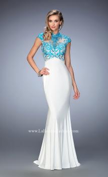 Picture of: Long Jersey Gown with mock Neck and Embroidery in White, Style: 22657, Main Picture