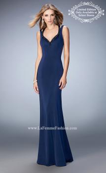 Picture of: Long Jersey Prom Gown with Rhinestone Straps in Blue, Style: 22675, Main Picture