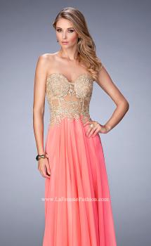 Picture of: Long Chiffon Prom Dress with Gold Lace Applique in Orange, Style: 22707, Main Picture