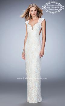 Picture of: Long Lace Gown with Sheer Sleeves and Back Slit in White, Style: 22735, Main Picture