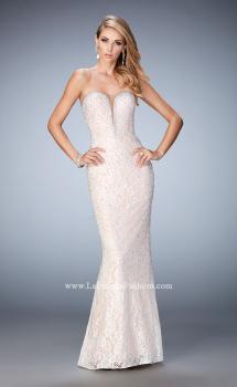 Picture of: Long Lace Prom Gown with Plunging Neckline in White, Style: 22759, Main Picture