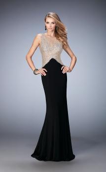 Picture of: Jersey Prom Gown with Train and Sheer Neckline in Black, Style: 22886, Main Picture