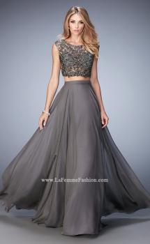 Picture of: Two Piece Chiffon and Beaded Gown with High Neckline in Gray, Style 22929, Main Picture