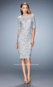 Picture of: Knee Length Lace Cocktail Dress with 3/4 Sleeves in Silver, Style: 22989, Main Picture