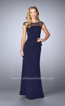 Picture of: Beaded Cap Sleeve Peplum Dress with Sheer Detail in Blue, Style: 23112, Main Picture