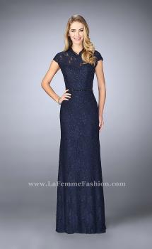 Picture of: Stretch Lace Gown with Sheer Lace Detailing in Blue, Style: 23148, Main Picture