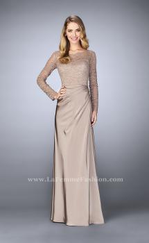 Picture of: Beaded Lace Bodice Evening Dress with Sheer Sleeves in Brown, Style: 23435, Main Picture