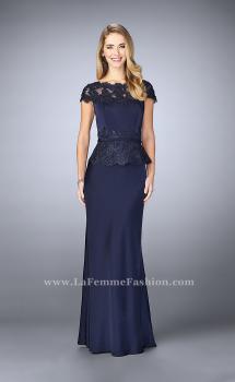 Picture of: Belted Evening Dress with Embroidered Peplum in Blue, Style: 23444, Main Picture