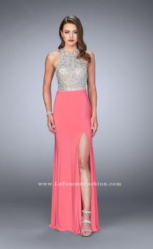 Picture of: High Neck Jersey Gown with Beaded Top and Open Back in Pink, Style: 23770, Main Picture