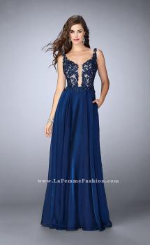 Picture of: A-line Chiffon Dress with Lace Top and Pockets in Blue, Style: 23802, Main Picture