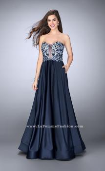 Picture of: Satin A-line Dress with Beaded Lace Top and Open Back in Blue, Style: 23881, Main Picture