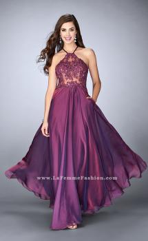 Picture of: A-line Chiffon Dress with Sheer High Neck Lace Top in Purple, Style: 23991, Main Picture