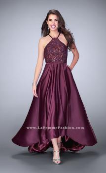 Picture of: High Low A-line Dress with Lace Top and Satin Skirt in Purple, Style: 24012, Main Picture