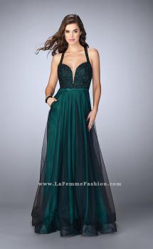 Picture of: A-line Tulle Dress with Lace Top and Deep V Neckline in Green, Style: 24034, Main Picture