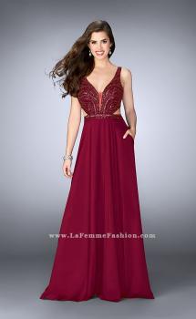 Picture of: A-line Chiffon Dress with Beaded Top and Open Back in Red, Style: 24050, Main Picture