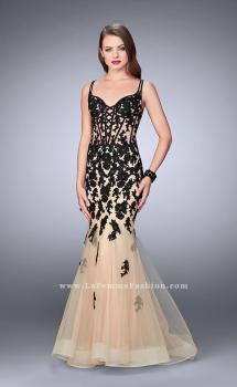 Picture of: Lace Mermaid Gown with Tulle Skirt and Lace Up Front in Black, Style: 24240, Main Picture