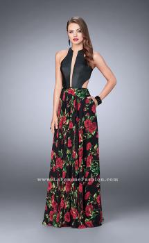 Picture of: Floral A-line Dress with Vegan Leather Top and Pockets in Print, Style: 24273, Main Picture