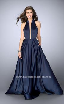 Picture of: Satin A-line Dress with Mandarin Collar and Pockets in Blue, Style: 24447, Main Picture