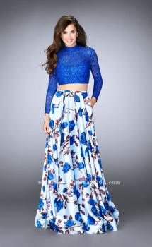 Picture of: Floral Two Piece Prom Dress with Long Sleeve Lace Top in Blue, Style: 24507, Main Picture
