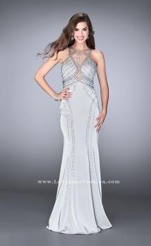 Picture of: Long Beaded Prom Dress with High Illusion Neckline in Silver, Style: 24557, Main Picture