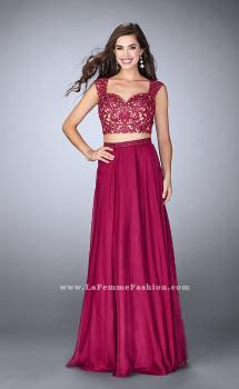 Picture of: Two Piece Chiffon Dress with Lace Top and Beaded Belt in Pink, Style: 24564, Main Picture