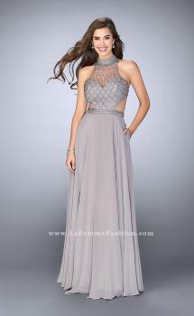 Picture of: Chiffon Gown with Beaded High Neck and Side Cut Outs in Silver, Style: 24649, Main Picture