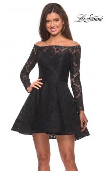 Picture of: Short Lace Dress with Off The Shoulder Long Sleeves in Black, Style: 28175, Main Picture