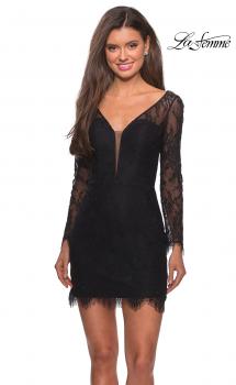 Picture of: Lace Dress with Sheer Sleeves and Scalloped Hem in Black, Style: 28233, Main Picture