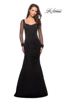 Picture of: Long Jersey Gown with Sheer Long Sleeves and Ruching in Black, Style: 25064, Main Picture