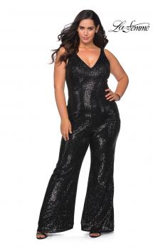 Picture of: Sequin Plus SIze Jumpsuit with Plunging Neckline in Black, Style: 29003, Main Picture