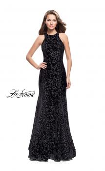 Picture of: Long Velvet Gown with a High Neck and Deep V in Black, Style: 25490, Main Picture