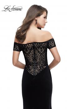 Picture of: Off the Shoulder Velvet Dress with Sheer Burnout Back in Black, Style: 25554, Main Picture