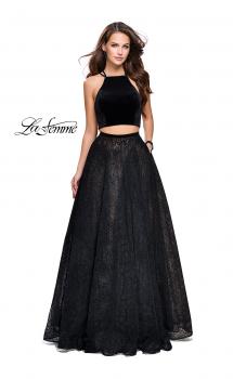 Picture of: Two Piece Long Ball Gown with Velvet Top and Open Back in Black, Style: 25592, Main Picture