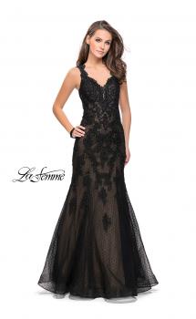 Picture of: Long Polka Dot Tulle Dress with Lace and Beading in Black, Style: 25961, Main Picture