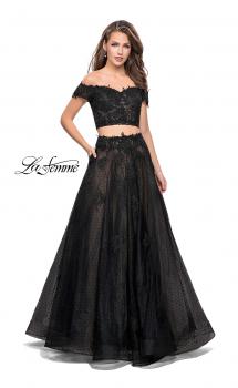 Picture of: Off the Shoulder Two Piece Gown with Polka Dot Print in Black, Style: 26110, Main Picture