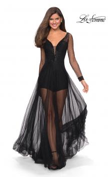 Picture of: Sheer Long Sleeve Gown with Rhinestones and Shorts in Black, Style: 27652, Main Picture