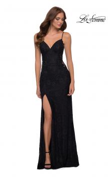 Picture of: Sleek Lace Long Dress with Sheer Sides and Open Back in Black, Style 29694, Main Picture